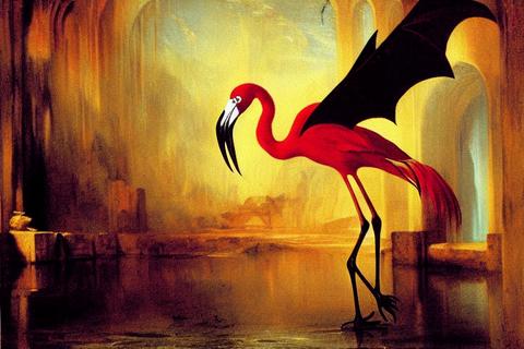 a painting of a vampire flamingo, in a sunken cathedral at dusk, painted by J. M. W. Turner -s100 -b1 -W768 -H512 -C11.0 -mk_euler_a -S906334068
